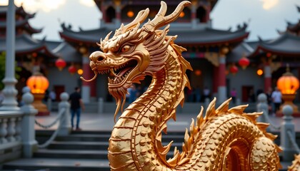 Fototapeta premium A vibrant and lively scene of an ornate gold dragon statue in an outdoor Asian style garden or park