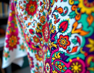 A vibrant tablecloth with intricate patterns of flowers and geometric shapes in a rainbow of colors.