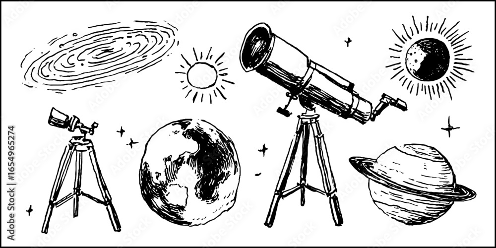Aufkleber black and white sketch set of cosmic objects for astronomy design and educational use