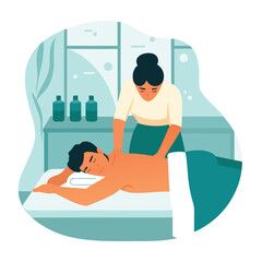 Obraz premium Relaxing Spa Day Themed Illustration Featuring a Woman Massaging a Man Lying on a Spa Bed in a Tranquil Spa Room