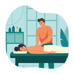 Obraz premium Relaxing Spa Day Illustration Woman Receiving Massage from Therapist in Tranquil Setting with Lotion Bottles and Serene Ambiance