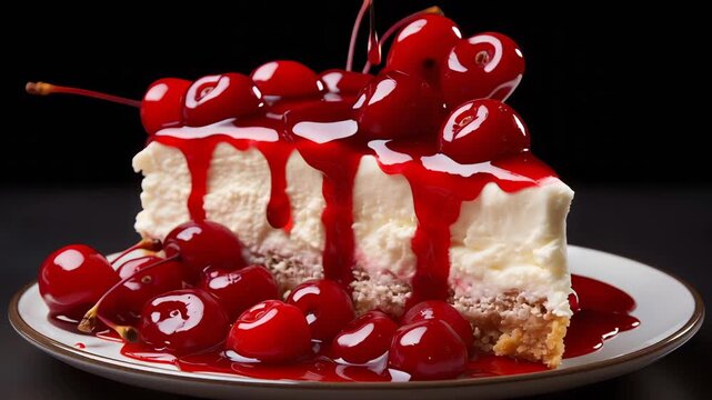 Creamy cheesecake slice with rich red cherry sauce, topped with glossy maraschino cherries on white plate against dark background. Detailed studio food photography with dramatic lighting.