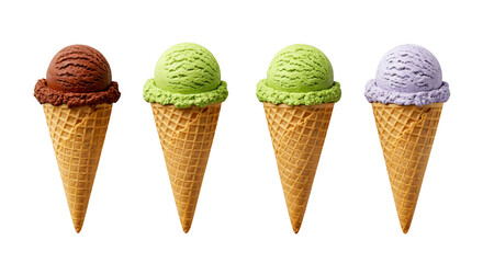 Four delicious ice cream cones with chocolate green and purple flavors isolated on transparent background