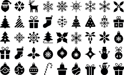 Fototapeta premium Diverse collection of festive christmas icons featuring snowflakes ornaments trees gifts and santa claus