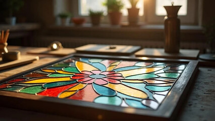 Fototapeta premium Colorful stained glass. Creative workshop. Close up. 