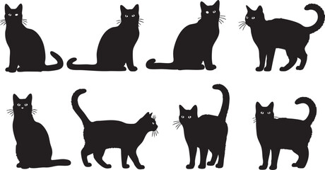 Fototapeta premium Collection Of Black Cat Silhouettes In Various Poses, cat, feline, kitten, pet, animal, domestic, silhouette, black, black and white, graphic, illustration, design element, collection, group, variety,