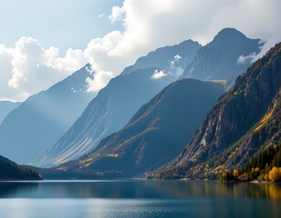 Obraz premium A majestic mountainous landscape, featuring towering mountains with rugged terrain