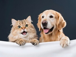 Persian Cat and golden retriever over white banner 