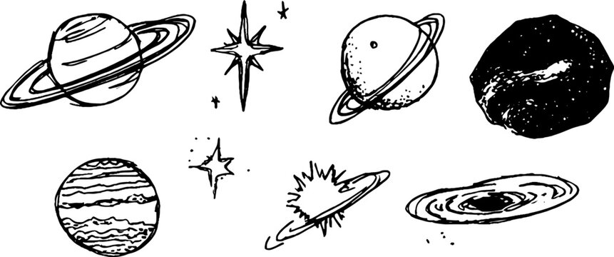 Black and white sketch set of planets and stars for space-themed design