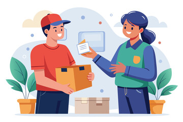 Delivery Service Illustration Featuring Delivery Man Handing a Box to a Smiling Customer in a Friendly and Efficient Manner