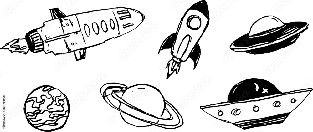 Poster black and white rocket and spacecraft sketch set for design and print