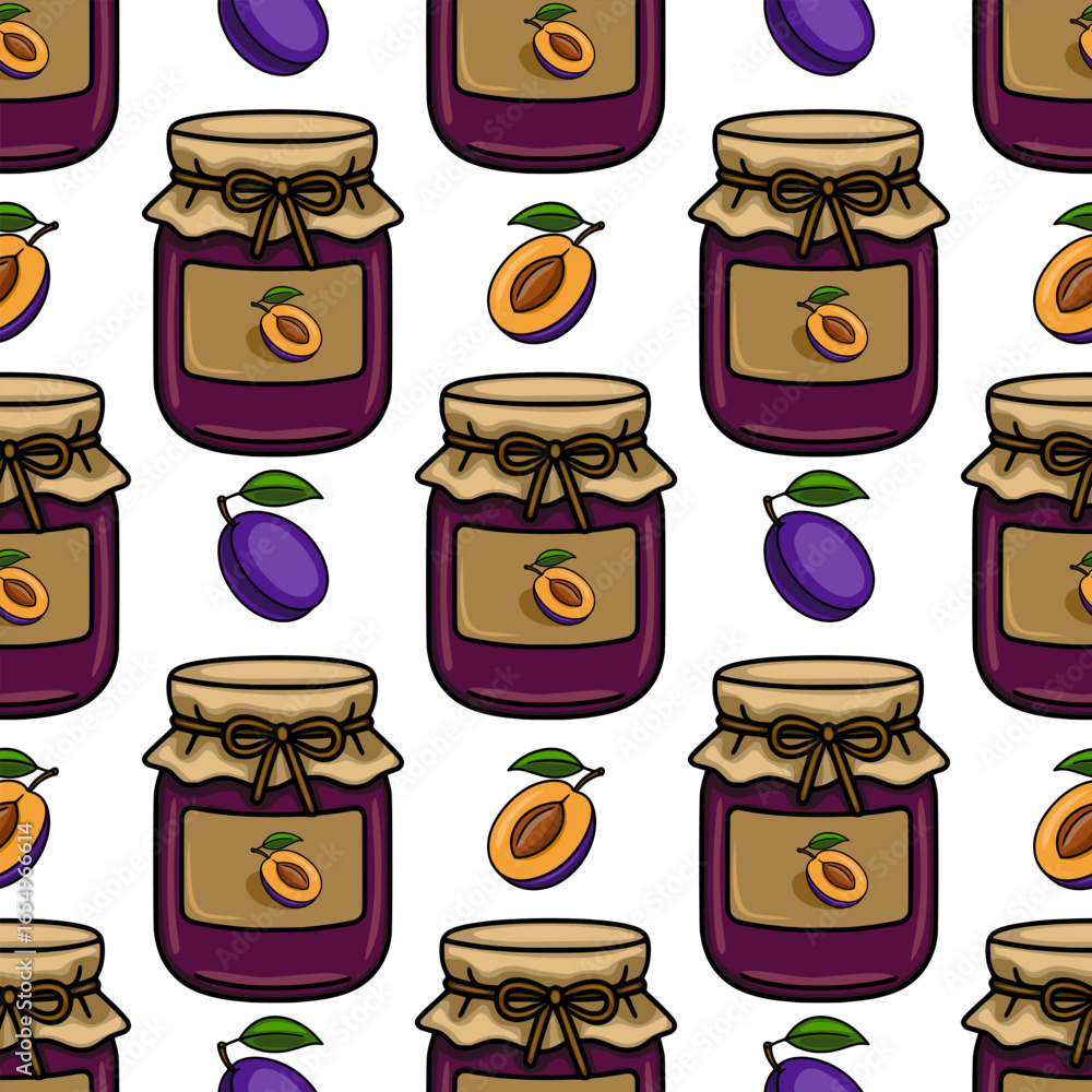 Poster Seamless vector pattern of plum jam jars with hand drawn style illustrations of plums and half plums, featuring a rustic design with kraft paper lids and labels.