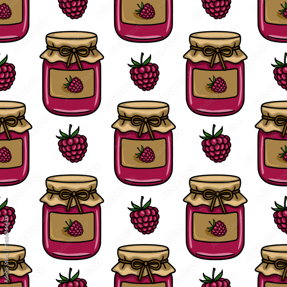Poster seamless vector pattern of raspberry jam jars and fresh raspberries, featuring a charming hand drawn