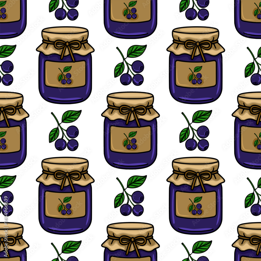 Aufkleber seamless vector pattern featuring hand drawn illustrations of blueberry jam jars with kraft paper li