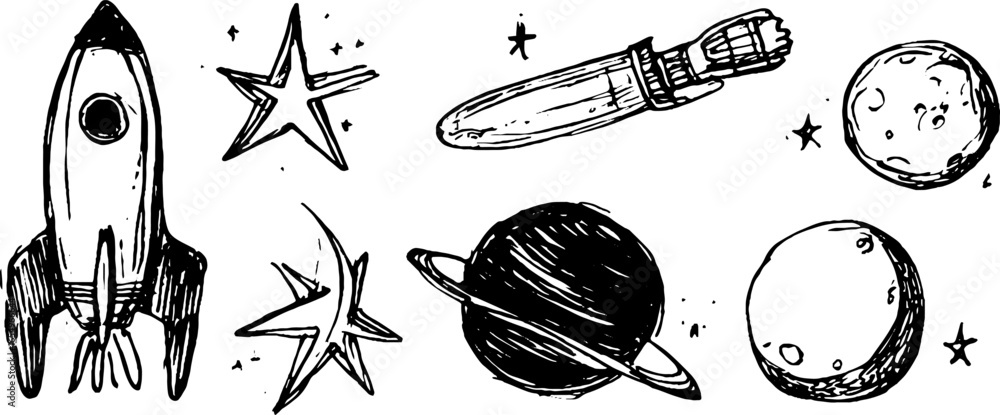 Aufkleber hand-drawn rocket and space objects sketch set for science and exploration designs