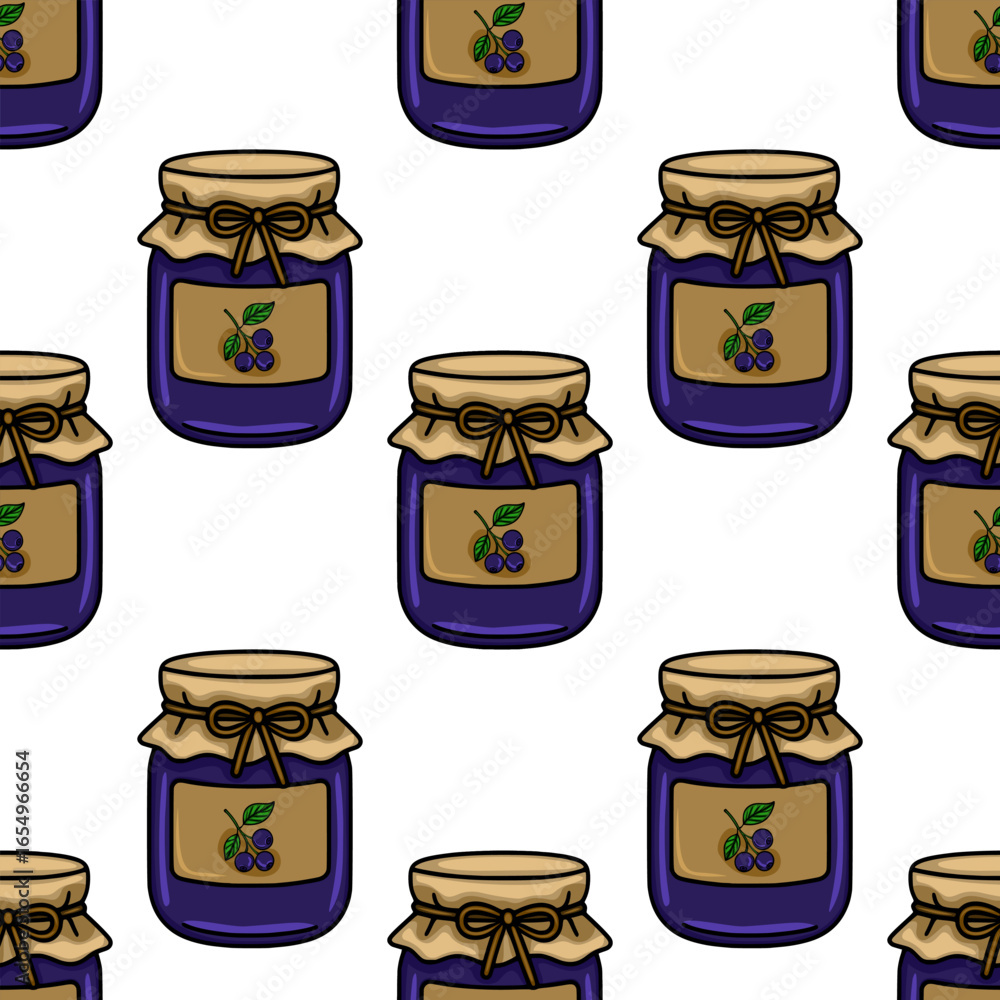 Aufkleber seamless vector pattern of hand drawn blueberry jam jars with rustic beige lids and labels, creating