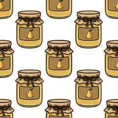 Seamless vector pattern of hand drawn pear jam jars with kraft paper lids and tied bows, creating a rustic and charming design ideal for kitchen textiles or food packaging.