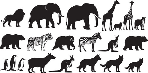 Obraz premium Collection of wild animal silhouettes on white background, lion, elephant, giraffe, zebra, bear, tiger, kangaroo, penguin, wild animal, animal, silhouette, black and white, mammal, bird, safari, zoo, 