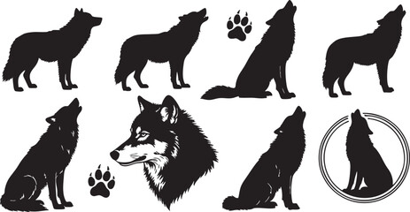 Naklejka premium Collection of wolf silhouettes and paw prints on white background, wolf, canine, dog, fox, coyote, animal, wildlife, nature, predator, hunter, pack, howl, howling, paw print, footprint, silhouette, bl