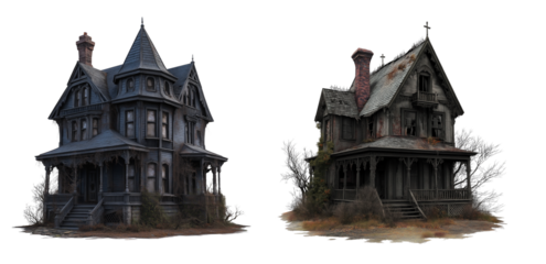Abandoned Gothic Mansion with Overgrown Details isolated on White or transparent background PNG