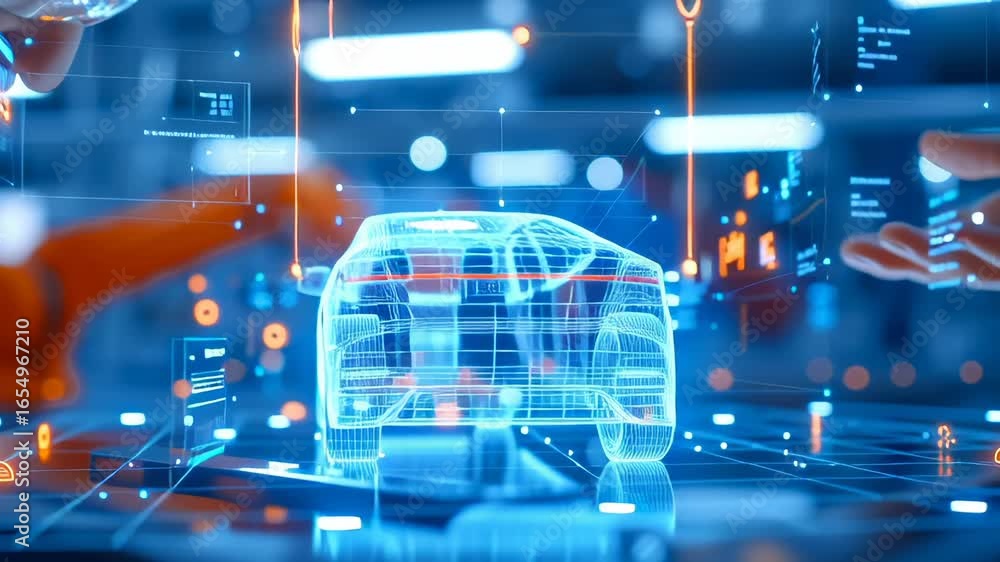 Poster wireframe holographic car model with interactive digital interface. robotic arm and human hand explo