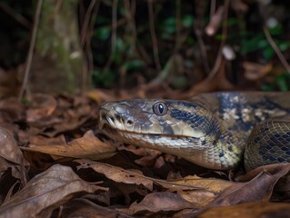 Obraz premium Close-up of a snake resting on dry leaves in a forest setting, showcasing intricate scales and natural camouflage among earthy tones and textures of the environment