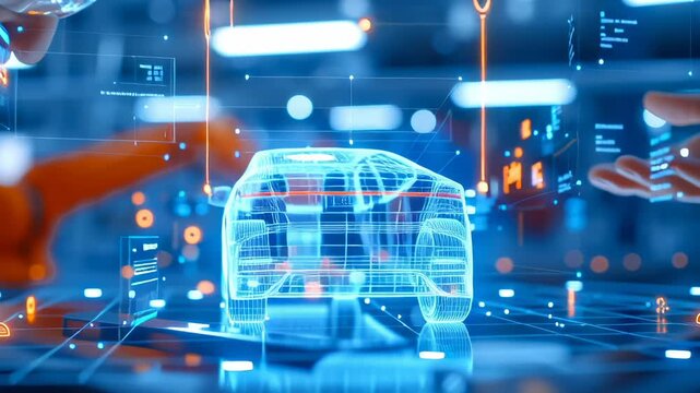 Wireframe holographic car model with interactive digital interface. Robotic arm and human hand exploring technological blueprint