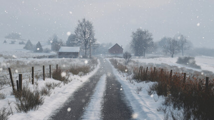 Obraz premium Soft snowfall over a quiet countryside road.