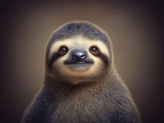 Charming sloth with a gentle smile, showcasing its unique facial features and soft fur, set against a warm, neutral background, embodying a sense of tranquility and calmness