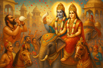 Fototapeta premium Grand Entry of a King and Queen on an Adorned Elephant