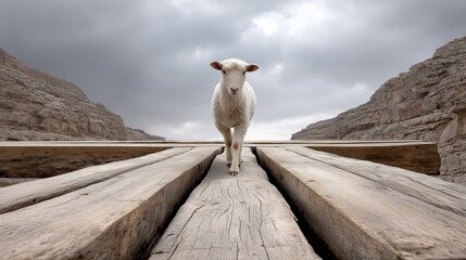 A sheep approaches along a narrow wooden bridge that stretches over a canyon