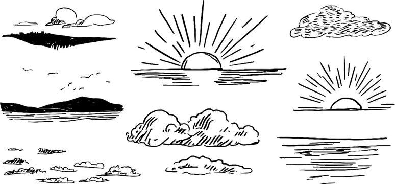 Hand-drawn black and white sunset sketch collection for design and art projects