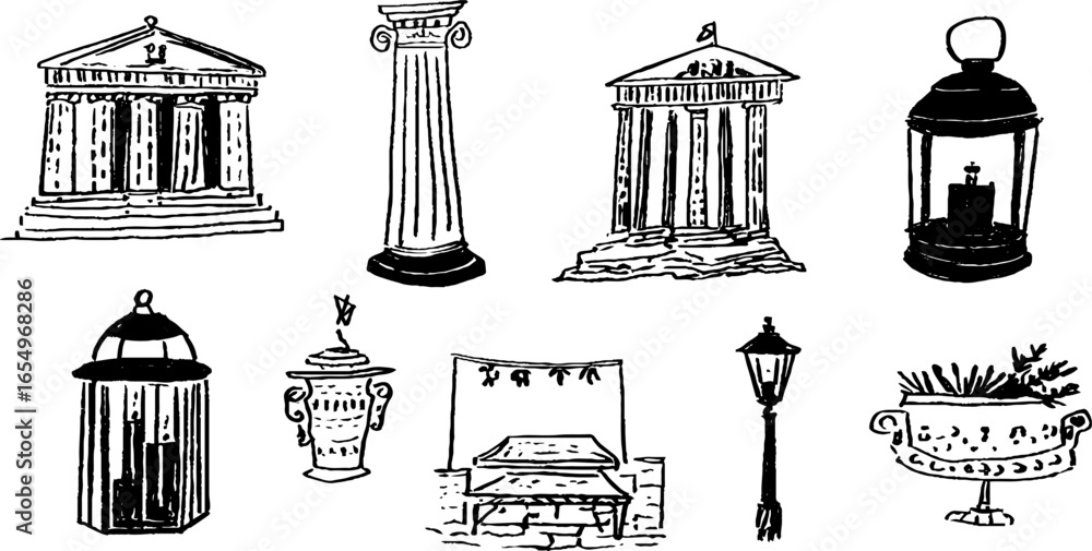 Poster hand drawn black and white sketch collection of temples and classical architecture elements
