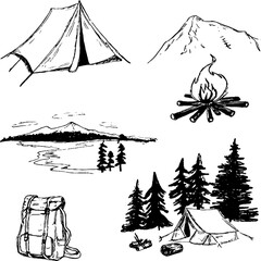 Black and white sketch illustration set of camping and nature scenes