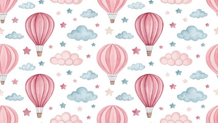 Seamless hand-drawn pattern of pink hot air balloons, fluffy clouds and stars on white; whimsical pastel illustration ideal for nursery decor and backgrounds.