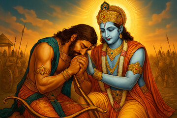 Lord Krishna Offering Spiritual Wisdom to Arjuna in a Time of Distress
