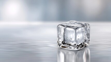Single ice cube placed on a reflective surface with soft background