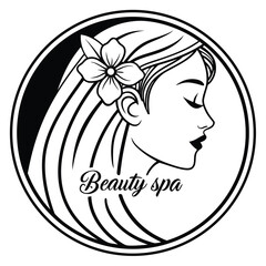 Elegant Beauty Spa Logo Featuring a Woman in Profile with a Flower Ornament and Stylish Typography Displayed in a Circle
