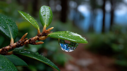 A close-up shot of green leaves adorned with fresh raindrops, highlighting nature's purity and the beauty found in small details of the natural world.