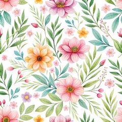 Fototapeta premium Hand-drawn seamless floral pattern with pastel pink and yellow blossoms, green leaves and delicate stems on a white background.