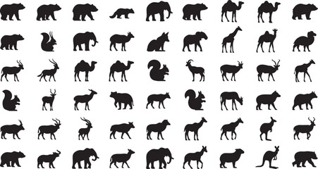 Obraz premium Grid of animal silhouettes on a white background collection, animal silhouettes, grid, collection, wildlife, nature, mammal, bear, squirrel, elephant, camel, giraffe, antelope, deer, wild animals, for