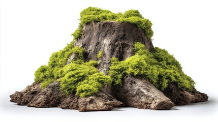 Mossy tree stump isolated on white background close up studio shot nature detail forest floor