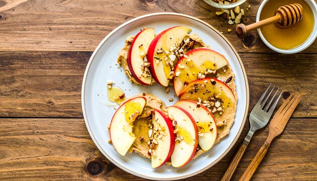 Apple Slices with Almond Butter, Honey, and Nuts on Rustic Wooden Table