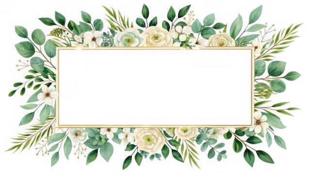 Rectangular blank card framed by hand-drawn green leaves and white roses forming an elegant botanical border for invitations and stationery.
