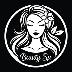 Adobe IlluElegant Beauty Spa Logo Depicting a Woman with Flowing Hair and a Flower Adornment in a Circular Black Framestrator Artwork