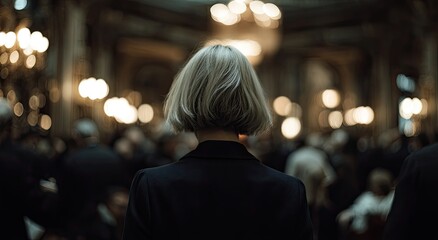 Obraz premium A woman with short gray hair, back view, in a large hall filled with people