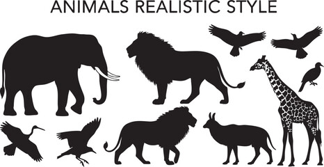 Fototapeta premium Realistic Style Animal Silhouettes Including Elephant Lion Giraffe, elephant, lion, giraffe, eagle, bird, crane, falcon, falconry, animal, wildlife, silhouette, africa, savanna, jungle, nature, mammal