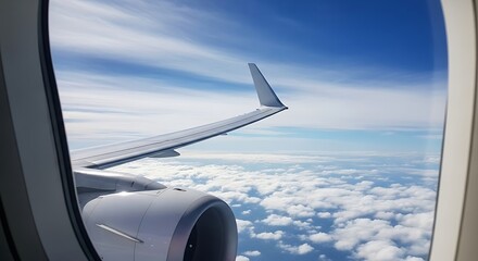 Aerial view from plane window shows wing, engine, and stunning cloudscape above the sky