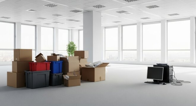 Empty office space with moving boxes and old computer ready for new beginnings white background