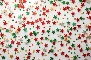 A festive scattering of red, green, and gold star confetti decorations on a white background, perfect for holiday celebrations